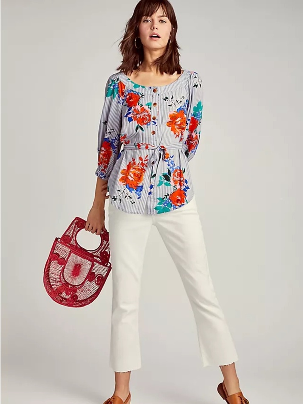 maeve anthropologie top Floral Stripe Blouse Button Up Lilorne Preppy Coquette 2